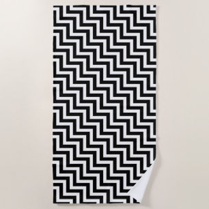 Black and White Medium Diagonal Chevron Stripes Beach Towel