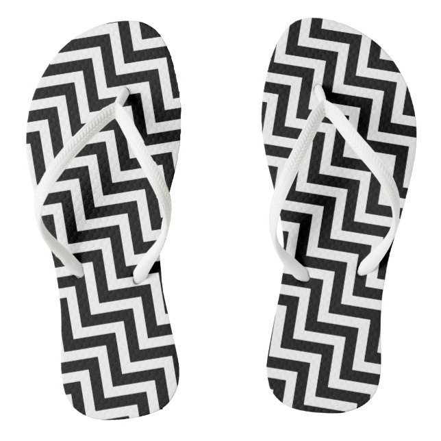 Black and White Medium Diagonal Chevron Stripes Thongs (Footbed)