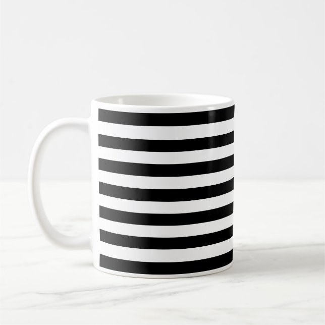 Black and White Medium Horizontal Stripes Pattern Coffee Mug (Left)