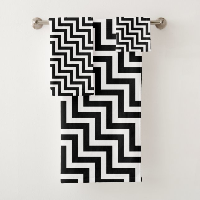 Black and White Medium Size Diagonal Chevron Bath Towel Set (Insitu)