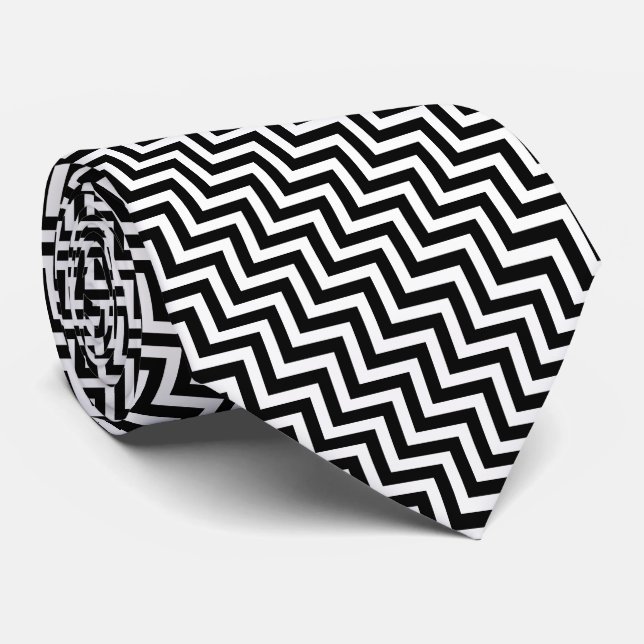 Black and White Medium Size Diagonal Chevron Tie (Rolled)