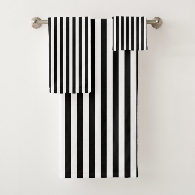 Black and White Medium Size Vertical Stripes Bath Towel Set (Insitu)