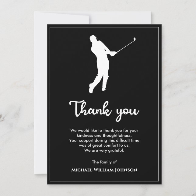 Black And White Memorial Funeral Golf Player Thank You Card (Front)