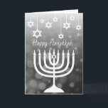Black and White Menorah Happy Hanukkah Card<br><div class="desc">Black and white stars of David and Happy Hanukkah menorah personalised card.</div>