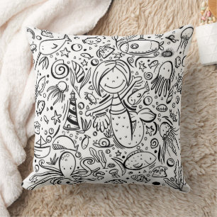 Black and White Mermaid and Animals Cartoon Cushion