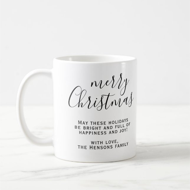 Black and White Merry Christmas Script Wishes Coffee Mug (Left)