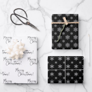 Black and White Merry Christmas Snowflakes Wrapping Paper Sheet