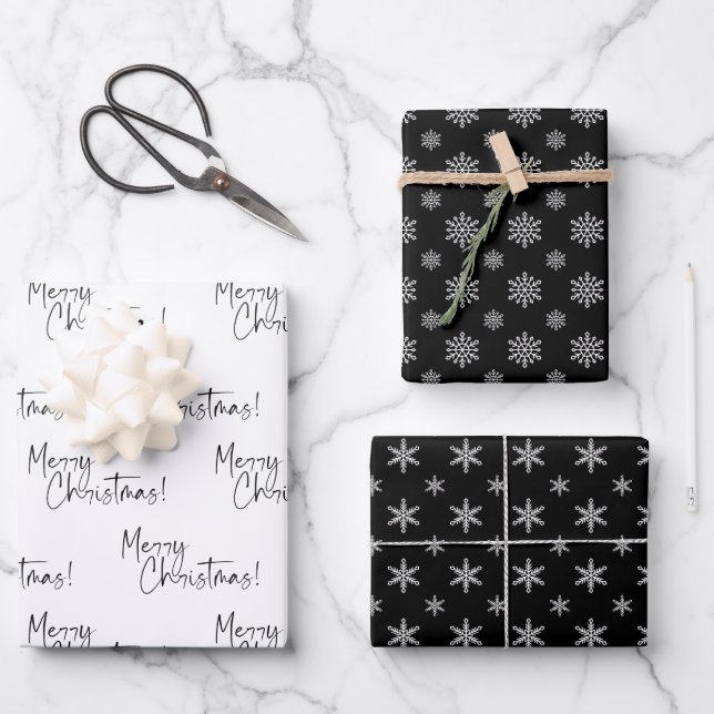 Black and White Merry Christmas Snowflakes Wrapping Paper Sheet (Front)