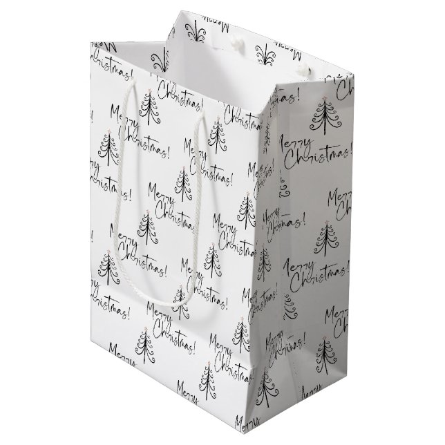 Black and White Merry Christmas Tree Medium Gift Bag (Front Angled)