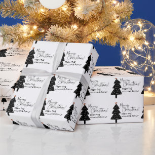 Black and White Merry Christmas Tree Name Wrapping Paper