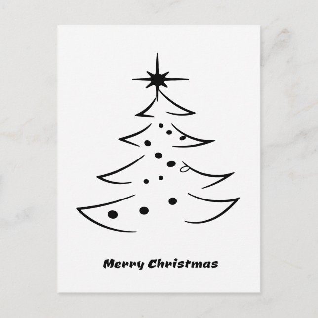 Black and White Merry Christmas Tree with Star Holiday Postcard (Front)