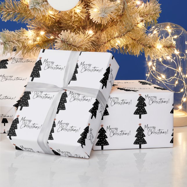 Black and White Merry Christmas Tree Wrapping Paper (Holidays)