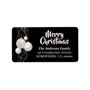 Black and White Merry Christmas with Baubles Label