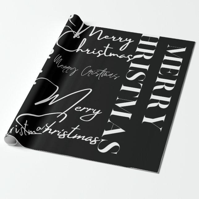 Black and White Merry Christmas Wrapping Paper (Unrolled)