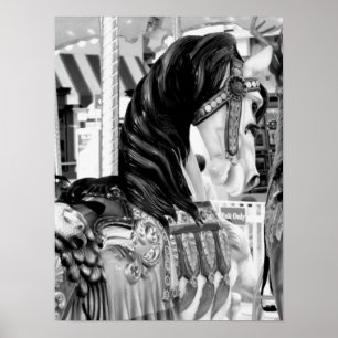 Black and White Merry-Go-Round Horse Poster