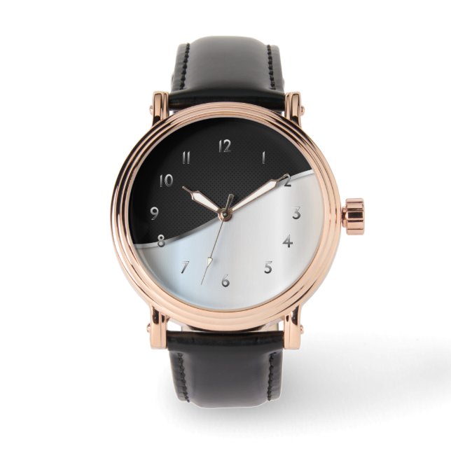 Black And White Metal Contrast Simple Shiny Silver Watch (Front)