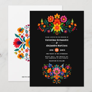 Black and White Mexican Folk Art Fiesta Wedding Invitation