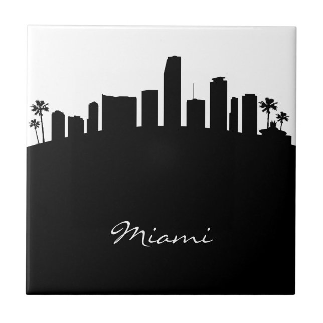 Black and White Miami Skyline Ceramic Tile (Front)
