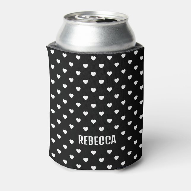 Black and White Mini Hearts Pattern Personalised Can Cooler (Can Back)