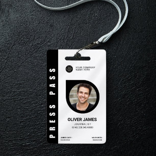 Black and white minimal press pass photo ID Badge