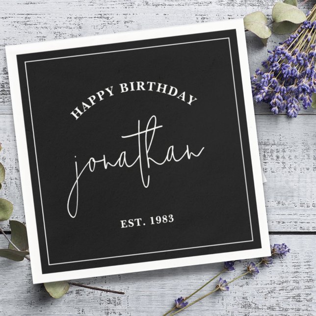 Black and White Minimalist Birthday Custom Name Napkin (Creator Uploaded)