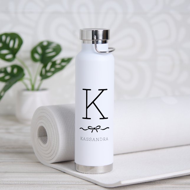 Black and White Minimalist Bow Typography Monogram Water Bottle (Yoga (Rotated))