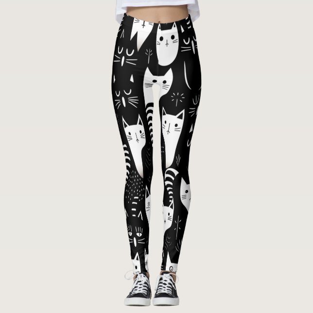 Black and White Minimalist Cat Pattern Leggings (Front)