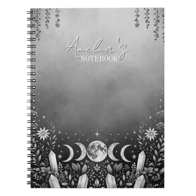 Black and White Minimalist Celestial Moon Phase Notebook (Front)