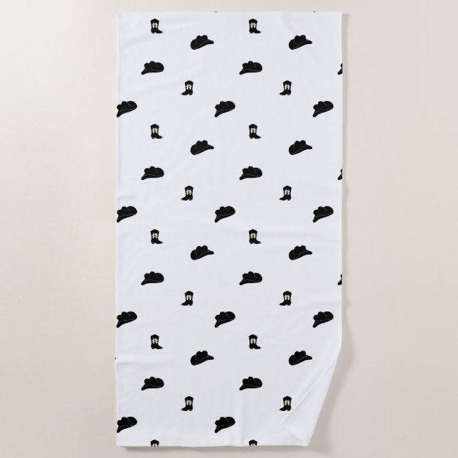 Black and White Minimalist Cowboy Rodeo Pattern Beach Towel (Front)
