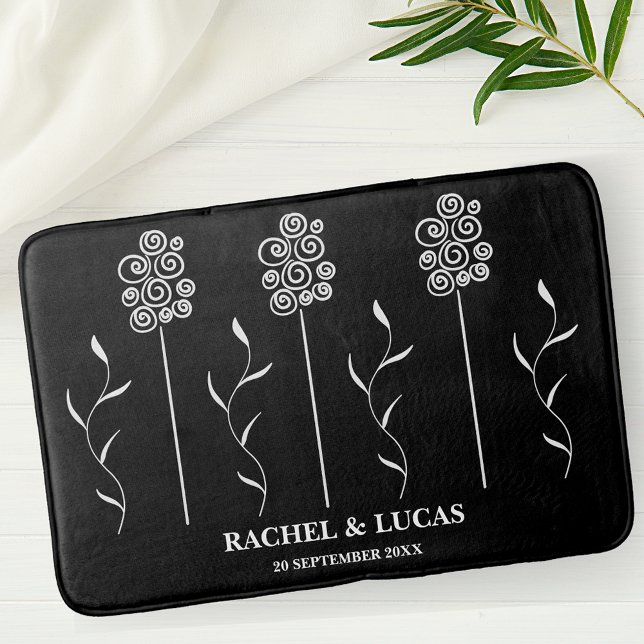 Black and White Minimalist Curly Floral Bath Mat (Creator Uploaded)