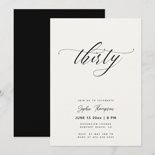 Black and White Minimalist Elegant 30th Birthday Invitation (Front/Back)