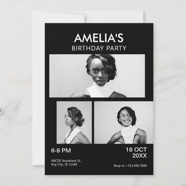 Black and white minimalist elegant photo birthday invitation (Front)