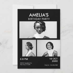 Black and white minimalist elegant photo birthday invitation
