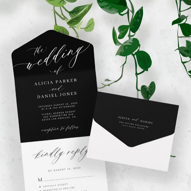 Black and white minimalist elegant script wedding all in one invitation (Creator Uploaded)