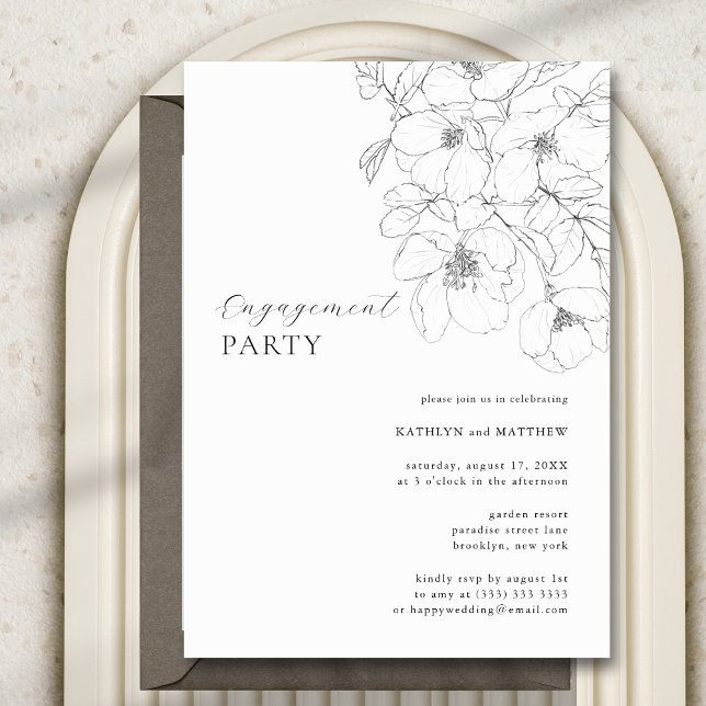 Black and White Minimalist Floral Engagement Party Invitation (Creator Uploaded)