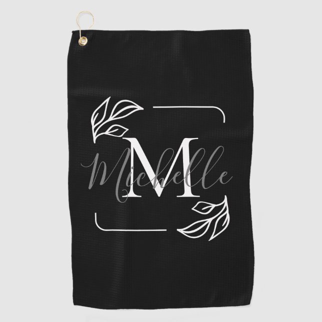 Black and White Minimalist Floral Golf Towel (Front)