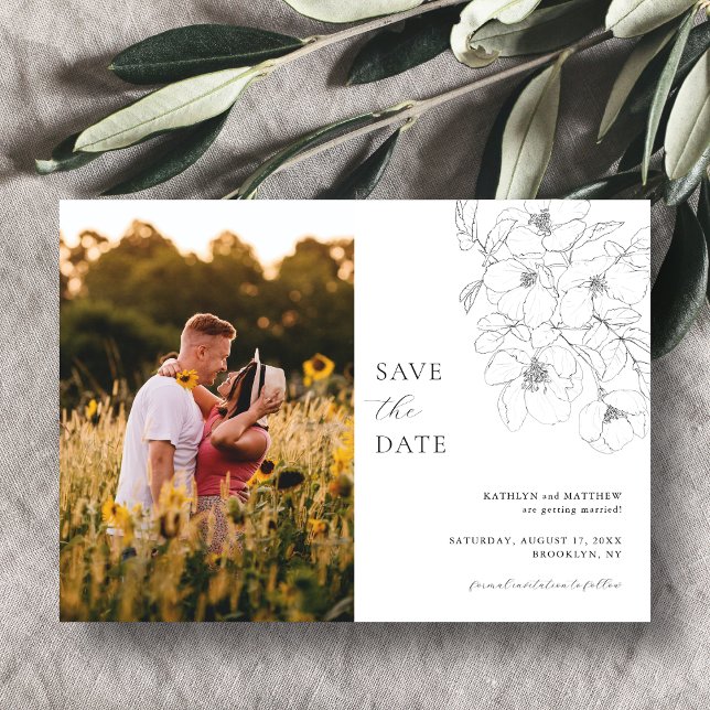 Black and White Minimalist Floral Save The Date Magnetic Invitation (Creator Uploaded)