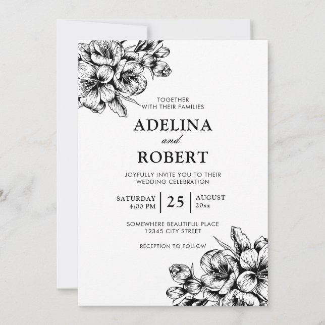 Black and white minimalist floral Wedding (Front)