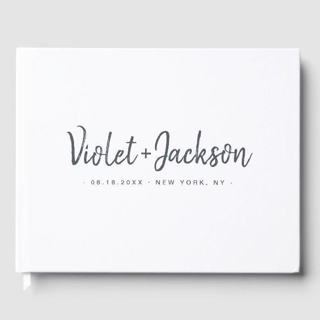 Black and white minimalist handwritten script guest book (Front)
