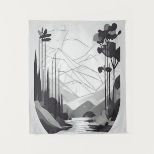 Black and White Minimalist Landscape Abstract Art Tapestry