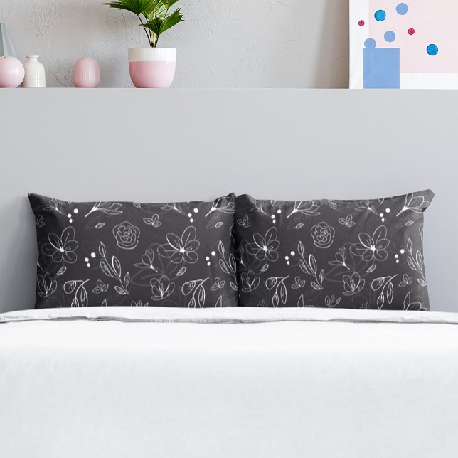 Black and White Minimalist Modern Florals Leaves Pillowcase (Black and white floral pattern pillow cases.)