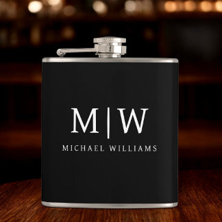 Black and White Minimalist Modern Monogram Hip Flask