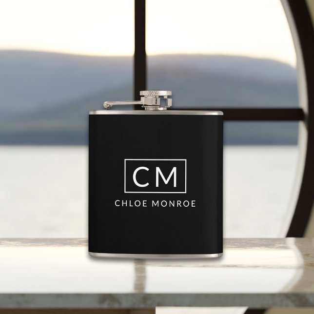 Black and White Minimalist Modern Monogram Name Hip Flask (Creator Uploaded)