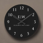 Black and White Minimalist Modern Monogram Round Clock<br><div class="desc">Introducing our Black and White Minimalist Modern Monogram Collection: Embrace simplicity and sophistication with our minimalist designs, curated to elevate your style effortlessly. Crafted with a keen eye for modern aesthetics, this collection features sleek black and white designs accentuated by personalised monograms. From chic stationery to versatile accessories, our collection...</div>