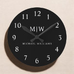 Black and White Minimalist Modern Monogram Round Clock<br><div class="desc">Introducing our Black and White Minimalist Modern Monogram Collection: Embrace simplicity and sophistication with our minimalist designs, curated to elevate your style effortlessly. Crafted with a keen eye for modern aesthetics, this collection features sleek black and white designs accentuated by personalised monograms. From chic stationery to versatile accessories, our collection...</div>
