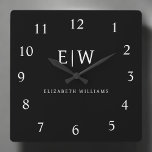 Black and White Minimalist Modern Monogram Square Wall Clock<br><div class="desc">Introducing our Black and White Minimalist Modern Monogram Collection: Embrace simplicity and sophistication with our minimalist designs, curated to elevate your style effortlessly. Crafted with a keen eye for modern aesthetics, this collection features sleek black and white designs accentuated by personalised monograms. From chic stationery to versatile accessories, our collection...</div>
