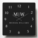Black and White Minimalist Modern Monogram Square Wall Clock<br><div class="desc">Introducing our Black and White Minimalist Modern Monogram Collection: Embrace simplicity and sophistication with our minimalist designs, curated to elevate your style effortlessly. Crafted with a keen eye for modern aesthetics, this collection features sleek black and white designs accentuated by personalised monograms. From chic stationery to versatile accessories, our collection...</div>