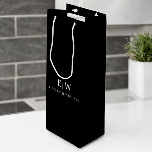 Black and White Minimalist Modern Monogram Wine Gift Bag