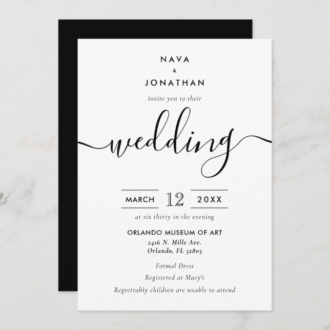 Black and White Minimalist Modern Script Wedding Invitation (Front/Back)