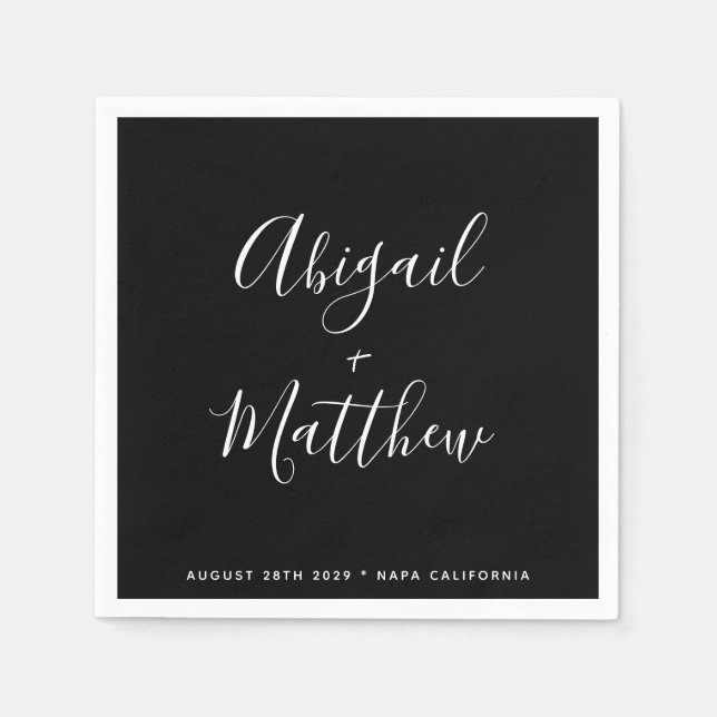 Black and White Minimalist Modern Script Wedding Napkin (Front)